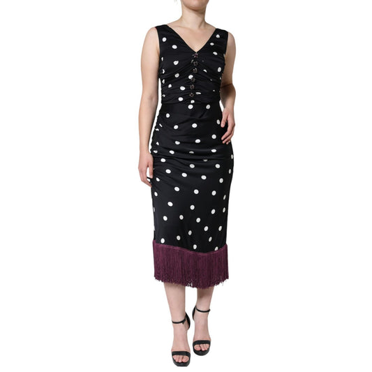 Dolce & Gabbana Black Silk Polka Dot Vneck Tassel Midi Dress with fringe hem and zipper closure.