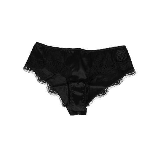 Dolce & Gabbana Black Silk Satin Floral Lace Panty Brief Underwear with elegant lace trim, comfortable design, made in Italy.