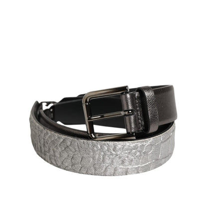Dolce & Gabbana Black Silver Pebbled Texture Leather Buckle Men Belt with rugged yet refined grain-finish design
