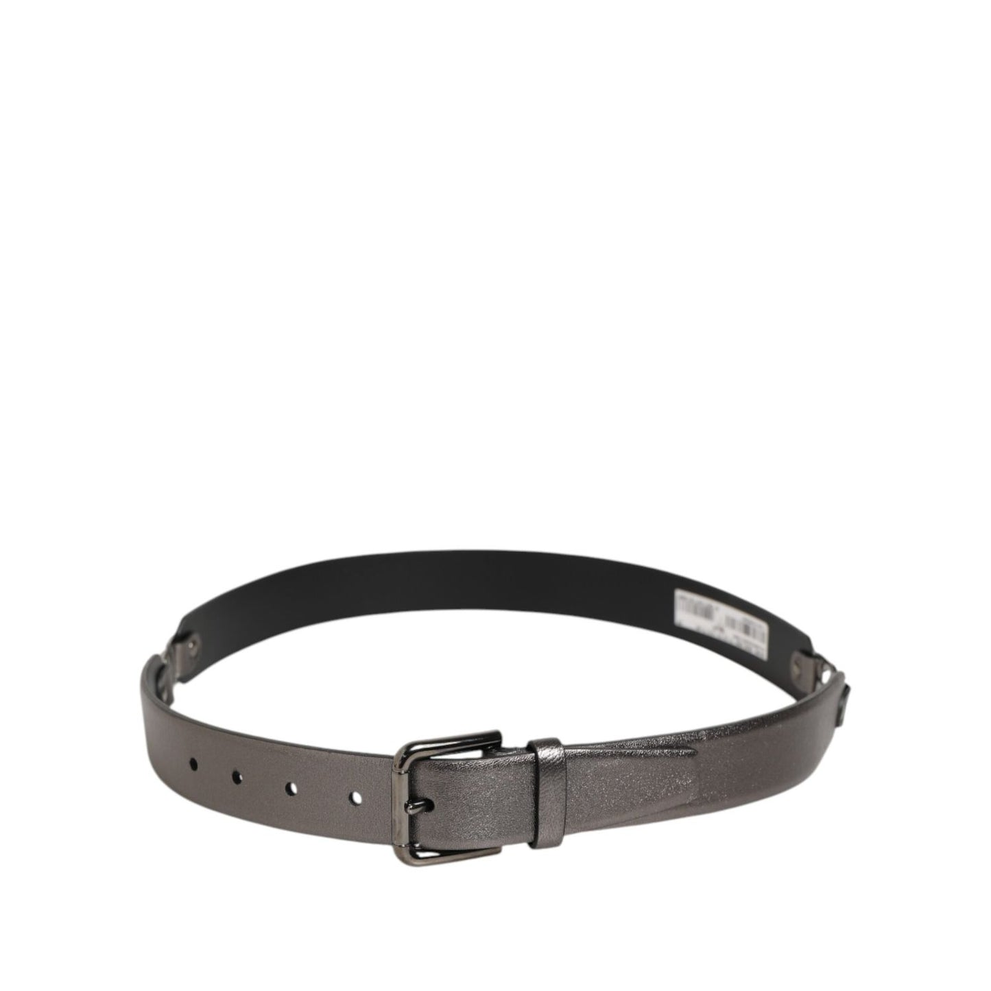 Dolce & Gabbana Black Silver Pebbled Texture Leather Buckle Men Belt, elegant grain-finish calf leather, luxury fashion accessory.