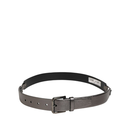 Dolce & Gabbana Black Silver Pebbled Texture Leather Buckle Men Belt, elegant grain-finish calf leather, luxury fashion accessory.