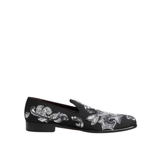 Dolce & Gabbana Black Silver Sequined Loafers Men Dress Shoes with luxurious shine and refined elegance.