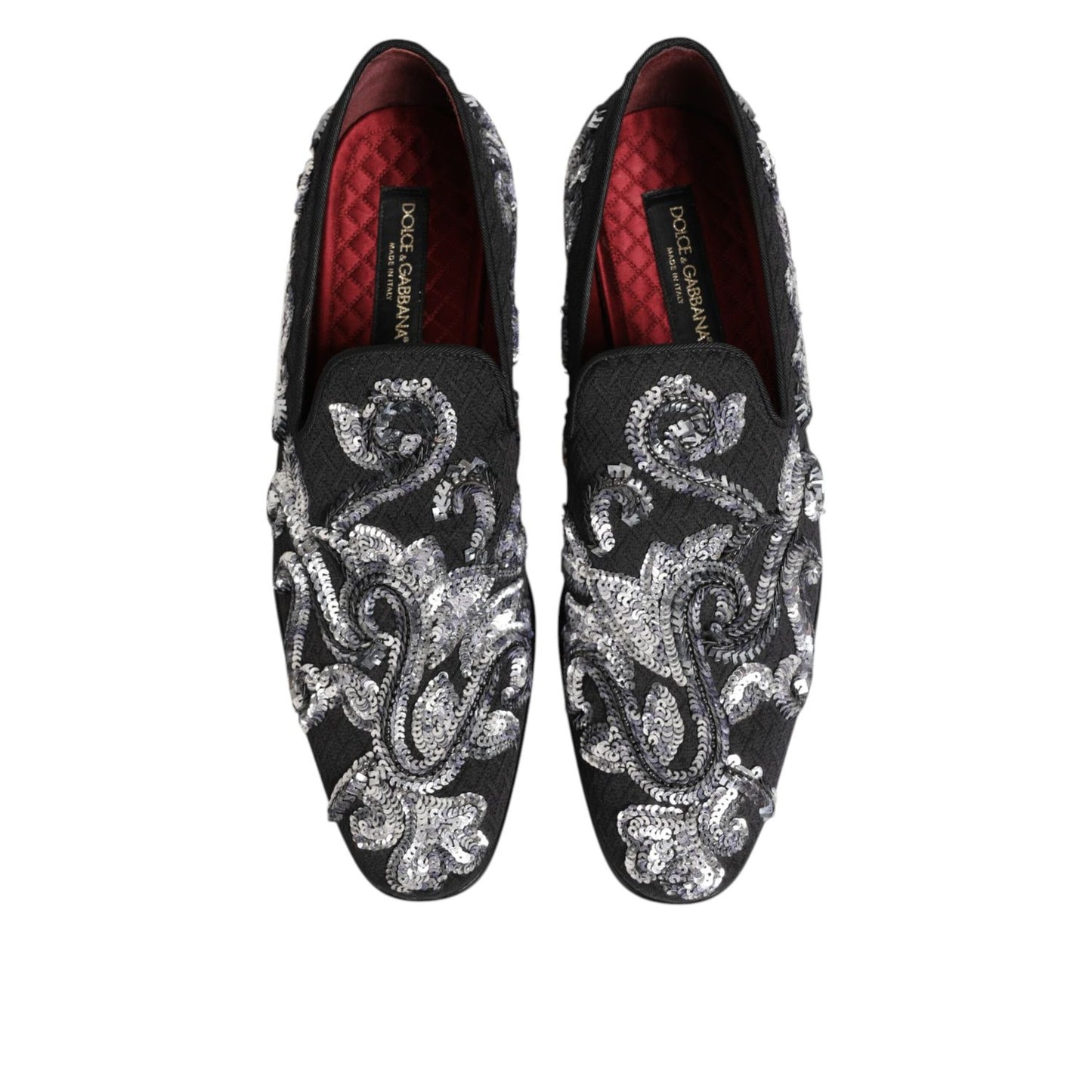 Dolce & Gabbana Black Silver Sequined Loafers Men Dress Shoes showcasing intricate design and luxury fashion.