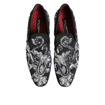 Dolce & Gabbana Black Silver Sequined Loafers Men Dress Shoes showcasing intricate design and luxury fashion.