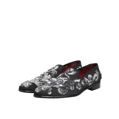 Dolce & Gabbana Black Silver Sequined Loafers Men Dress Shoes with elegant design and luxurious shine.