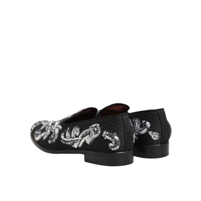 Dolce & Gabbana Black Silver Sequined Loafers Men Dress Shoes with elegant floral sequin detailing, side view.