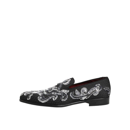 Dolce & Gabbana Black Silver Sequined Loafers Men Dress Shoes with elegant sequined design on the side, adding luxury and sophistication.