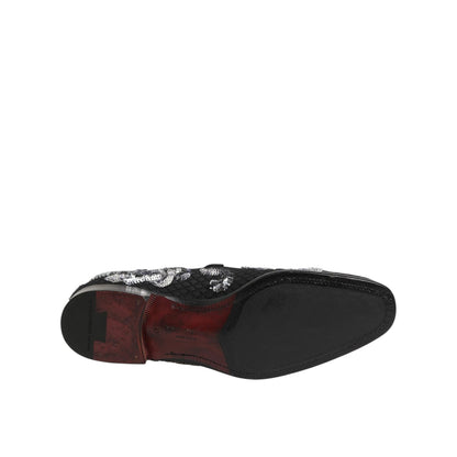 Dolce & Gabbana Black Silver Sequined Loafers Men Dress Shoes showing the sole with luxury details.