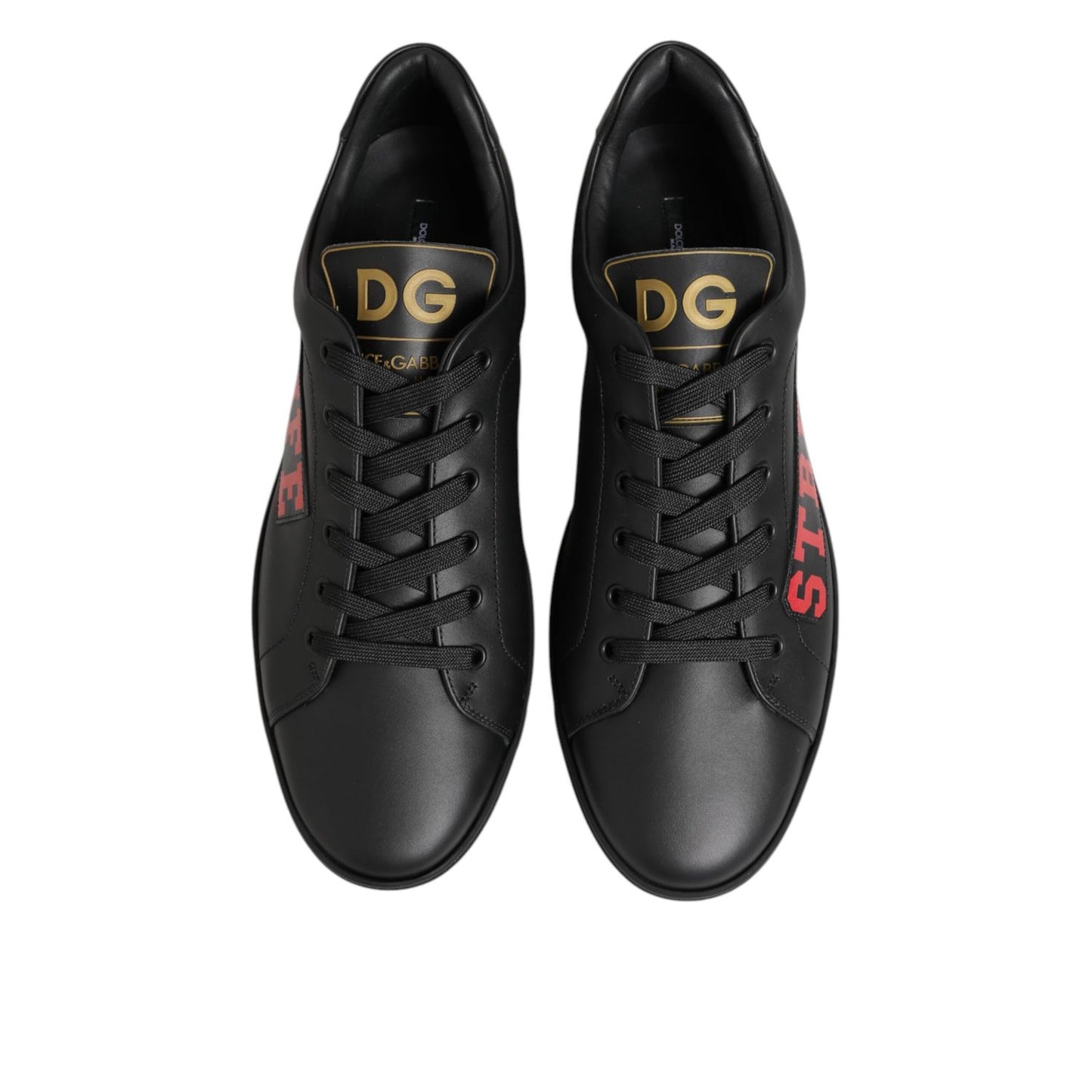 Dolce & Gabbana Black Street Life Low Top Men Sneakers Shoes with red motif, classic lace-up design, and cushioned sole.
