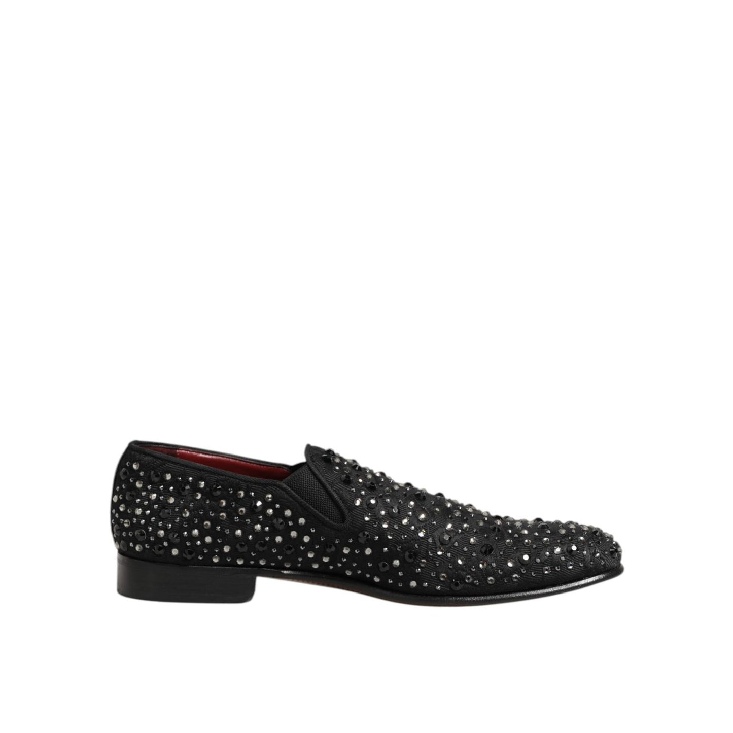 Dolce & Gabbana Black Suede Crystal Embellished Loafer Shoes with sparkling adornments, featuring elegant design and premium suede material.