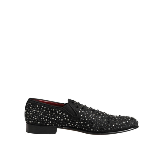 Dolce & Gabbana Black Suede Crystal Embellished Loafer Shoes with sparkling adornments, featuring elegant design and premium suede material.