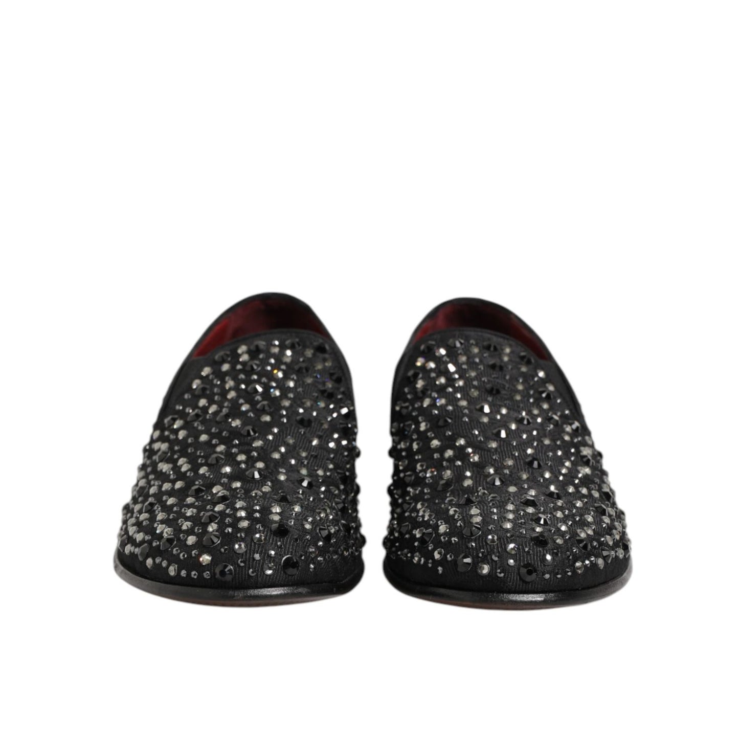 Dolce & Gabbana Black Suede Crystal Embellished Loafer Shoes front view with sparkling design.