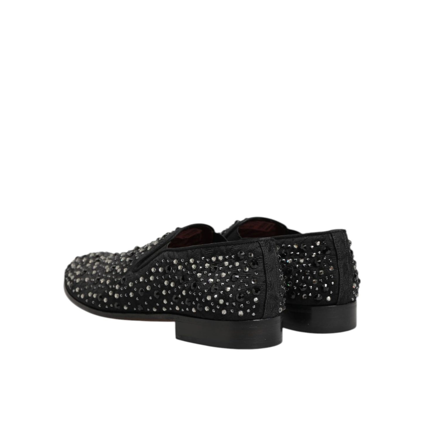 Dolce & Gabbana Black Suede Crystal Embellished Loafer Shoes, rear view showing intricate crystal detailing on premium black suede.