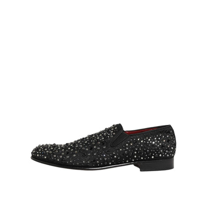 Dolce & Gabbana Black Suede Crystal Embellished Loafer Shoes with premium black suede and sparkling crystal details