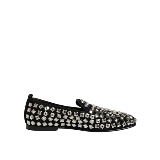Dolce & Gabbana Black Suede Crystals Loafers Men Dress Shoes with dazzling embellishments and premium design.