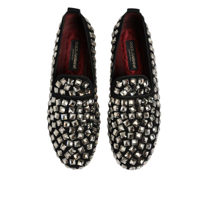 Dolce & Gabbana Black Suede Crystals Loafers Men Dress Shoes with sparkling crystal embellishments for elegant events.