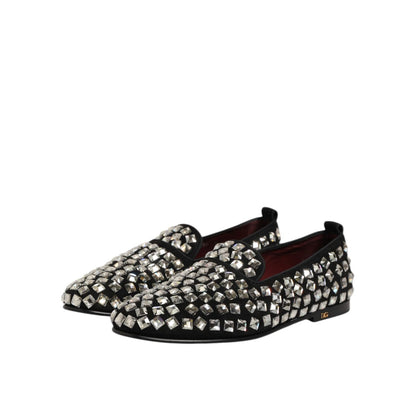 Dolce & Gabbana Black Suede Crystals Loafers Men Dress Shoes with dazzling embellishments for sophisticated elegance.