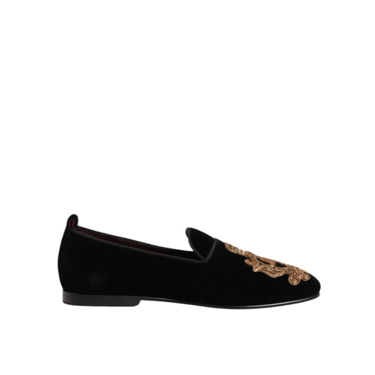 Dolce & Gabbana Black Velvet Gold Crown Mens Loafers Shoes featuring opulent design and luxurious materials.