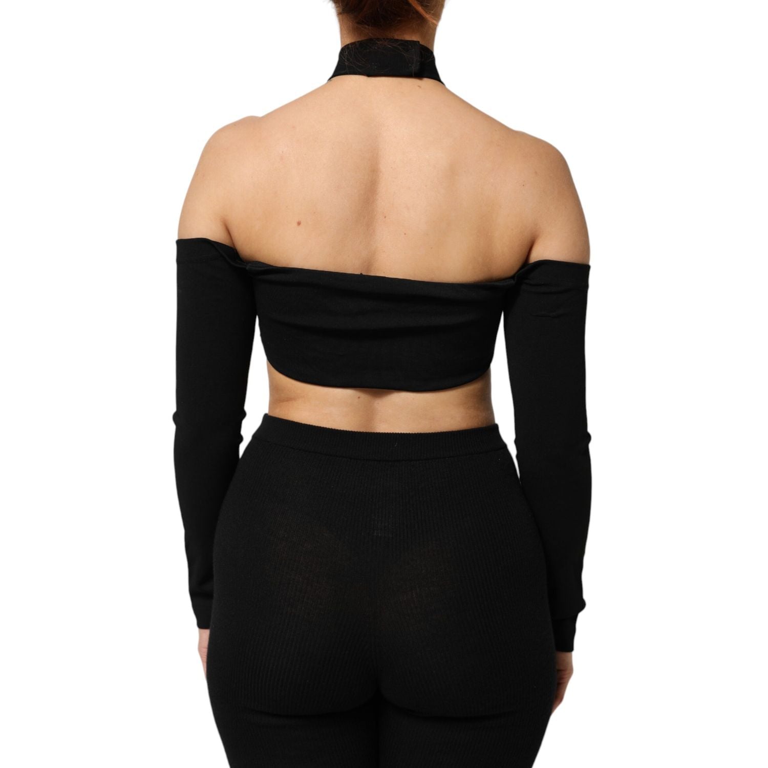 Dolce & Gabbana Black Viscose Halter Off Shoulder Cropped Top