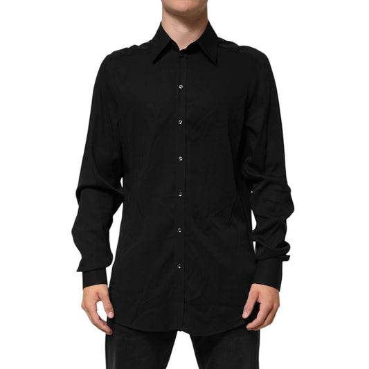 Dolce & Gabbana Black Viscose Long Sleeve Formal Dress Shirt with button closure, classic collar, and regular fit, made in Italy.