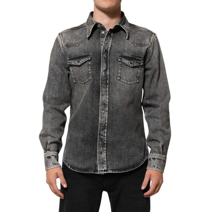 Dolce & Gabbana Black Washed Cotton Snap Long Sleeve Casual Shirt
