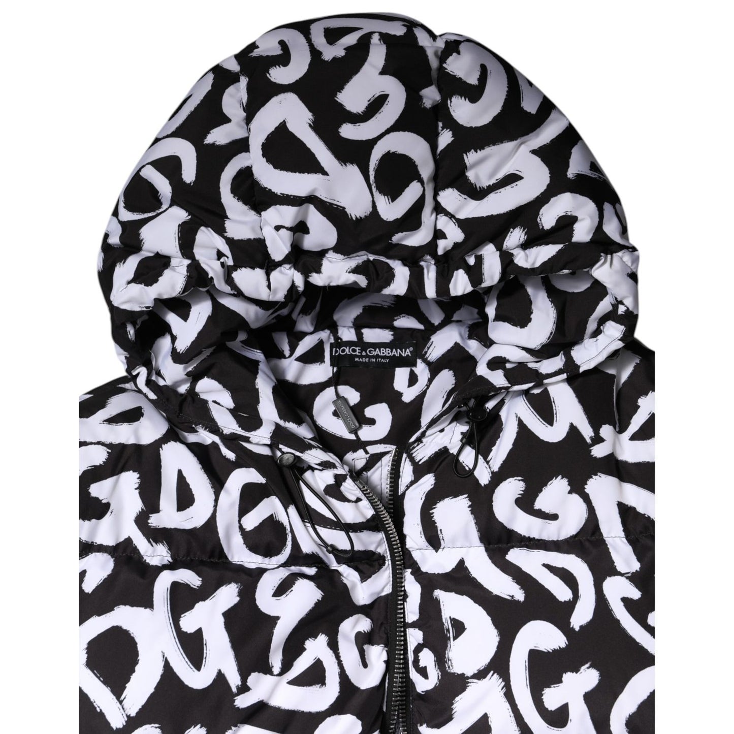 Dolce & Gabbana Black White DG Mania Hooded Long Coat Jacket