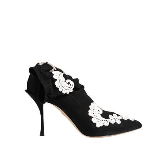 Dolce & Gabbana Black White Embroidered Jersey Stiletto Boots Shoes