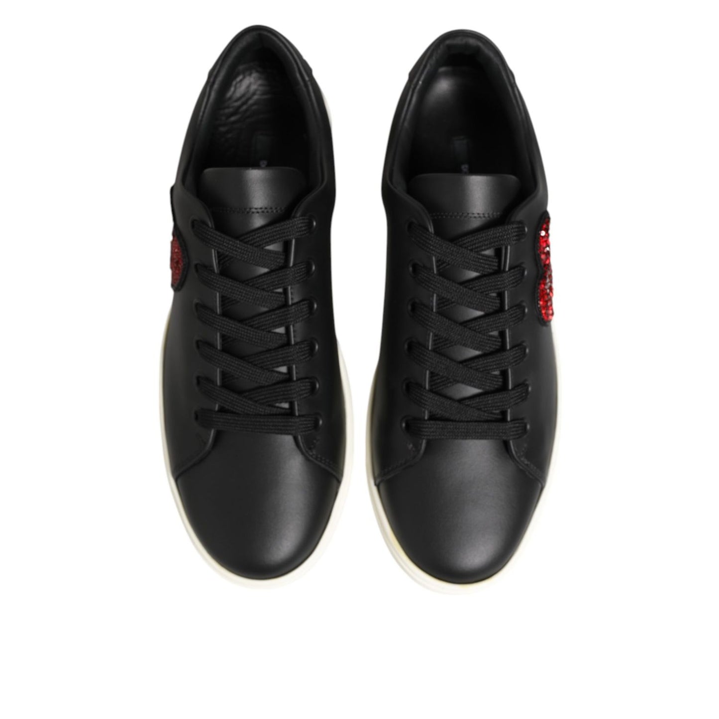 Dolce & Gabbana Black White Leather Crystal Heart Sneakers Shoes