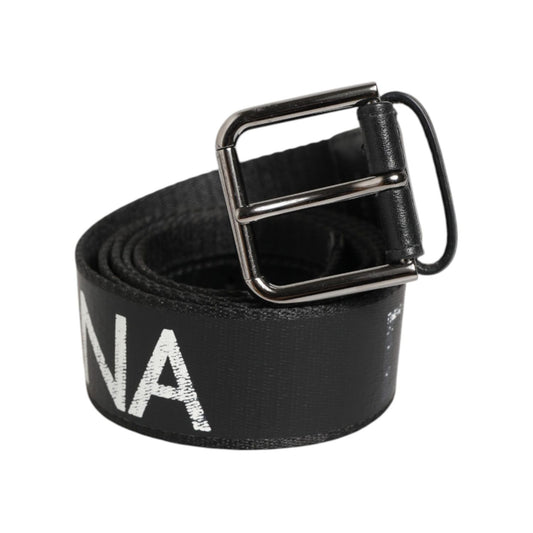 Dolce & Gabbana Black White Printed Metal Logo Buckle Belt with silver-tone buckle and bold design, perfect for any outfit.