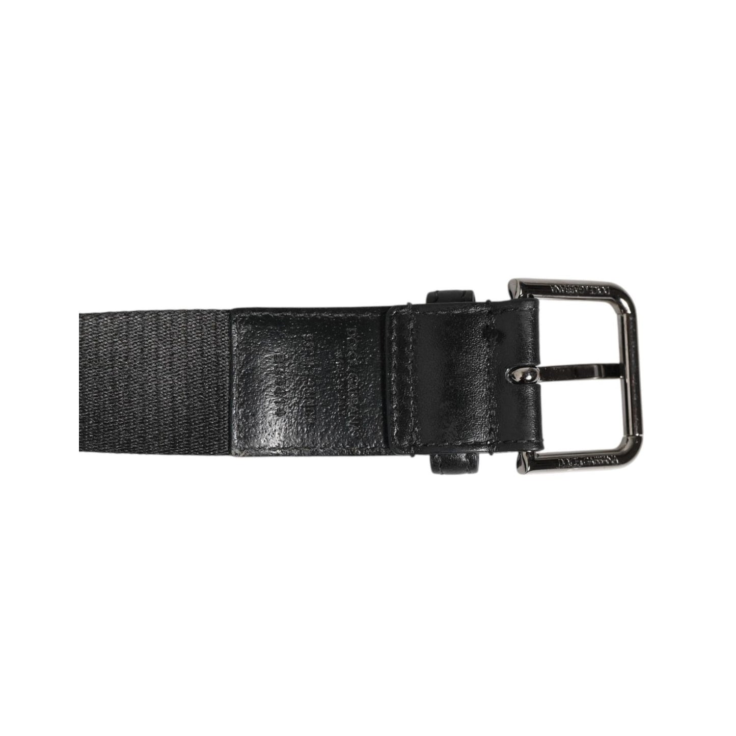 Dolce & Gabbana Black White Printed Metal Logo Buckle Belt close-up on metal buckle