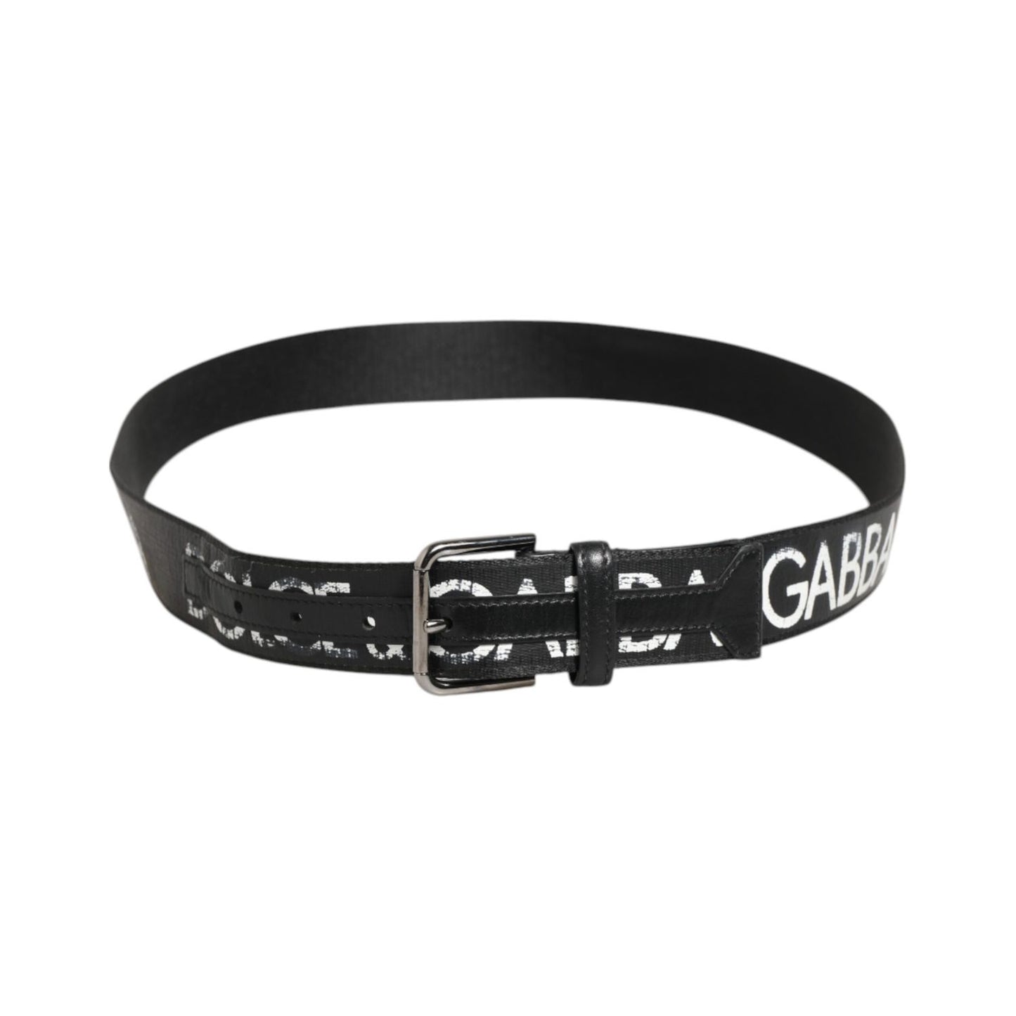 Dolce & Gabbana Black White Printed Metal Logo Buckle Belt with silver-tone buckle and logo print, perfect for casual or formal outfits.