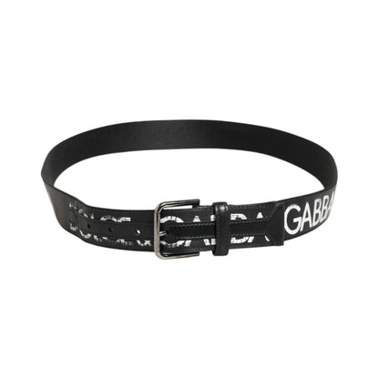 Dolce & Gabbana Black White Printed Metal Logo Buckle Belt with silver-tone buckle and logo print, perfect for casual or formal outfits.