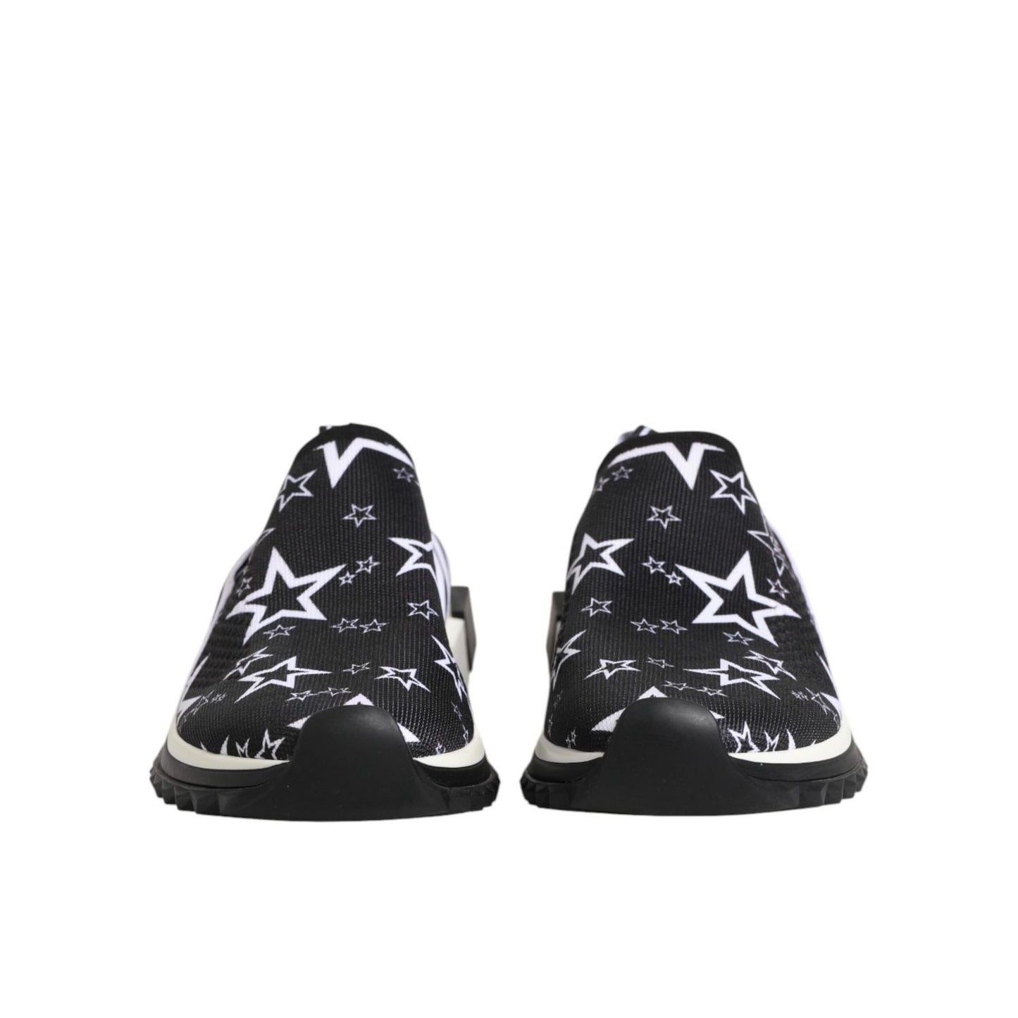 Dolce & Gabbana Black White Sorrento Low Top Sneakers Shoes with star pattern, rubber sole, and logo details, front view.