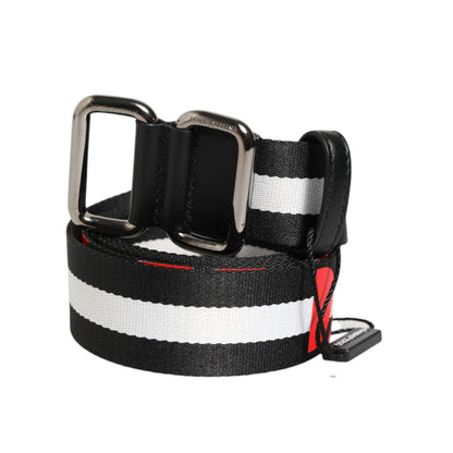 Dolce & Gabbana Black White Striped Logo Metal Buckle Belt with silver-tone buckle and orange logo, crafted in Italy.