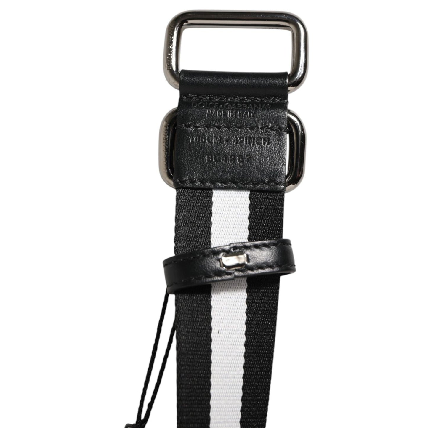 Dolce & Gabbana Black White Striped Logo Metal Buckle Belt with silver-tone buckle and orange logo print, made in Italy.