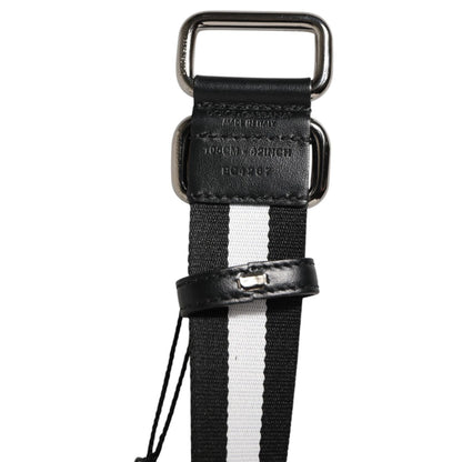 Dolce & Gabbana Black White Striped Logo Metal Buckle Belt with silver-tone buckle and orange logo print, made in Italy.