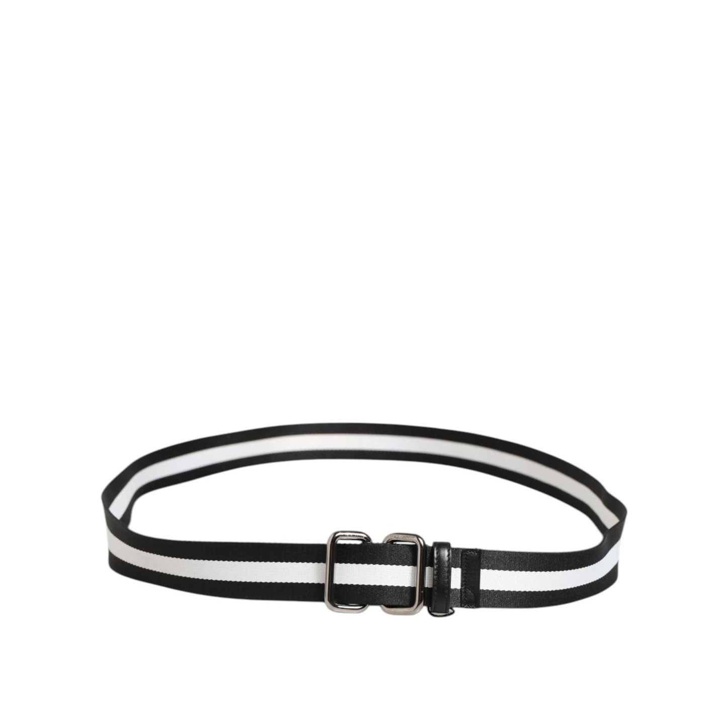 Dolce & Gabbana Black White Striped Logo Metal Buckle Belt with silver-tone buckle, crafted in Italy with nylon and calf leather.