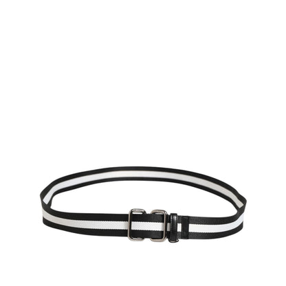 Dolce & Gabbana Black White Striped Logo Metal Buckle Belt with silver-tone buckle, crafted in Italy with nylon and calf leather.