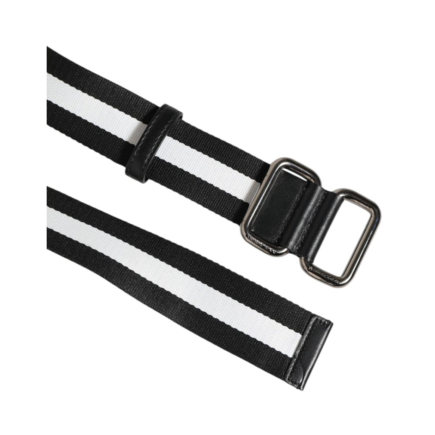 Dolce & Gabbana Black White Striped Logo Metal Buckle Belt, luxury fashion accessory with silver-tone buckle and bold design, made in Italy.