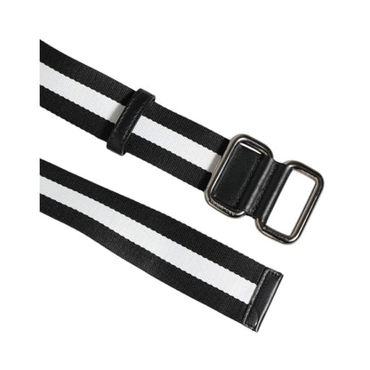 Dolce & Gabbana Black White Striped Logo Metal Buckle Belt, luxury fashion accessory with silver-tone buckle and bold design, made in Italy.