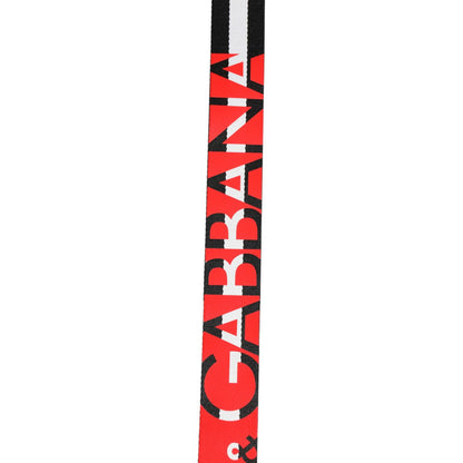 Dolce & Gabbana Black White Striped Logo Metal Buckle Belt with orange logo print and silver-tone buckle, made in Italy.