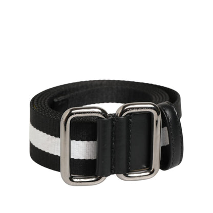 Dolce & Gabbana Black White Striped Metal Buckle Men Belt featuring silver-tone buckle, made in Italy, luxury designer fashion accessory.