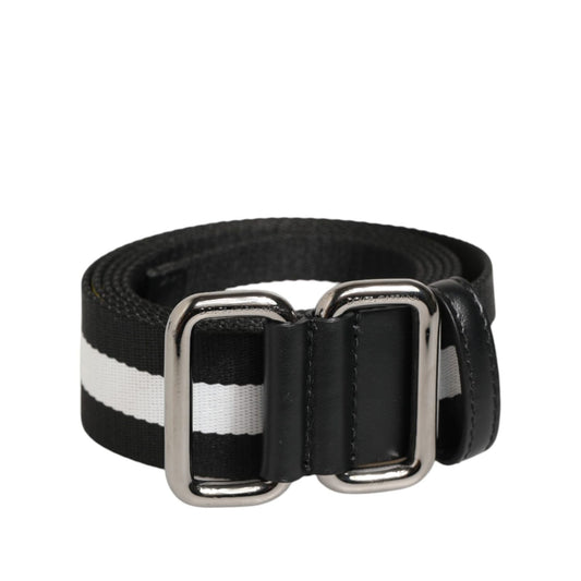 Dolce & Gabbana Black White Striped Metal Buckle Men Belt featuring silver-tone buckle, made in Italy, luxury designer fashion accessory.