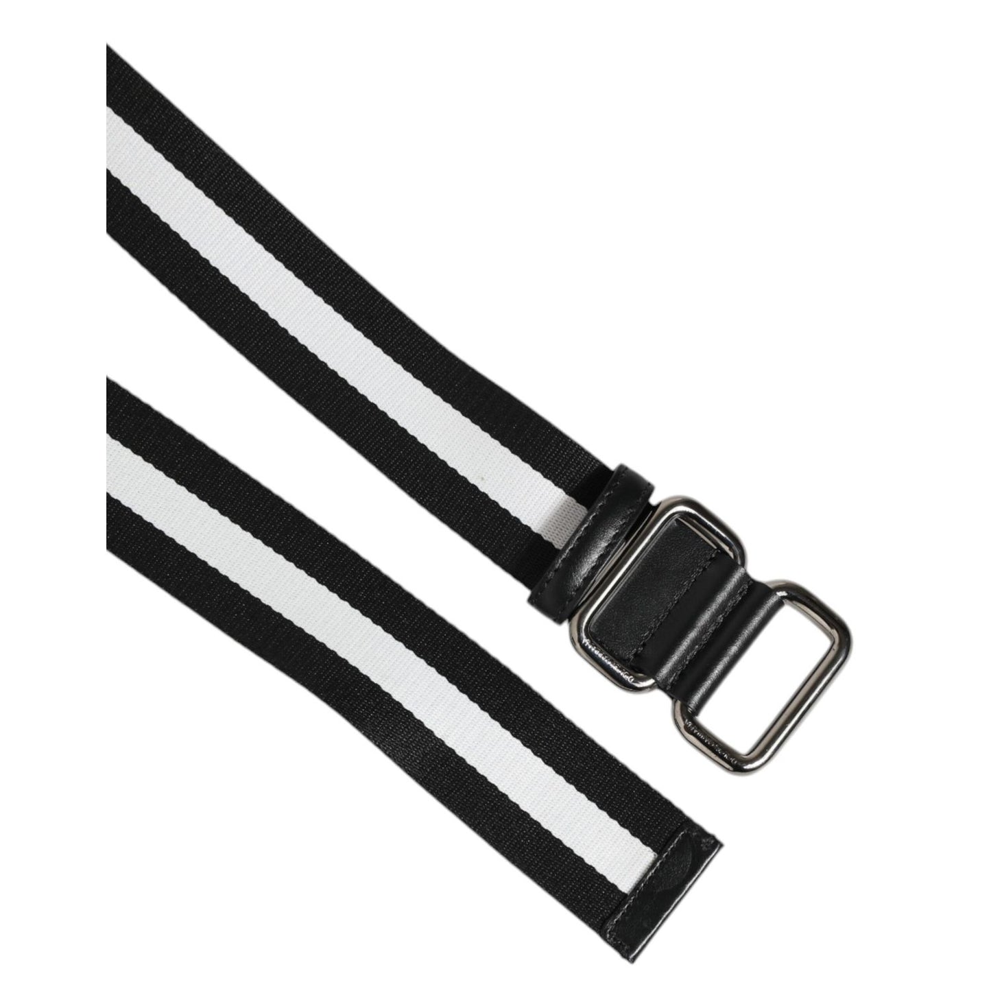 Dolce & Gabbana Black White Striped Metal Buckle Men Belt, luxury designer accessory with silver-tone hardware, 100% authentic.