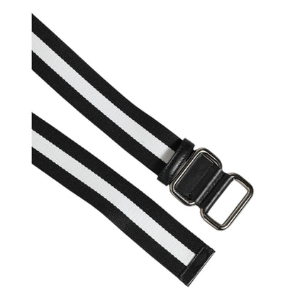 Dolce & Gabbana Black White Striped Metal Buckle Men Belt, luxury designer accessory with silver-tone hardware, 100% authentic.
