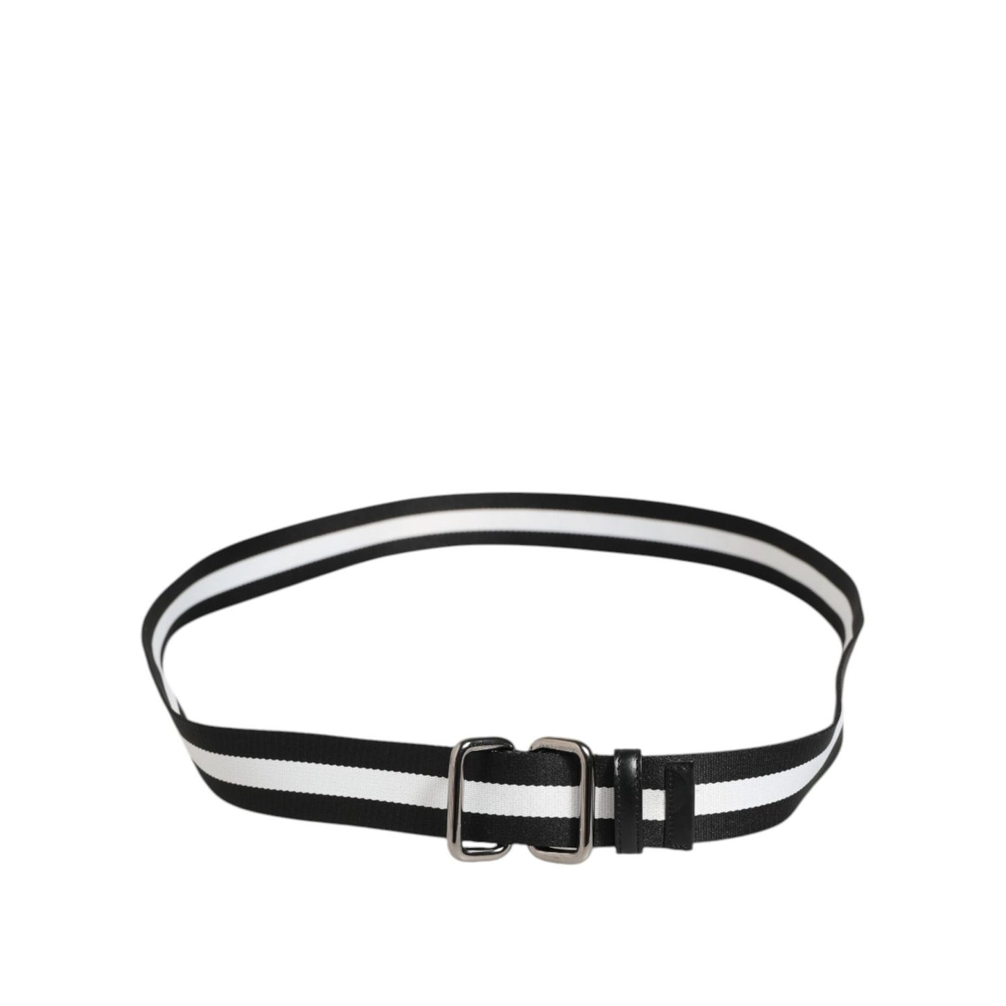 Dolce & Gabbana Black White Striped Metal Buckle Men Belt with silver-tone buckle, crafted from 95% nylon and 5% calf leather, size 100 cm.