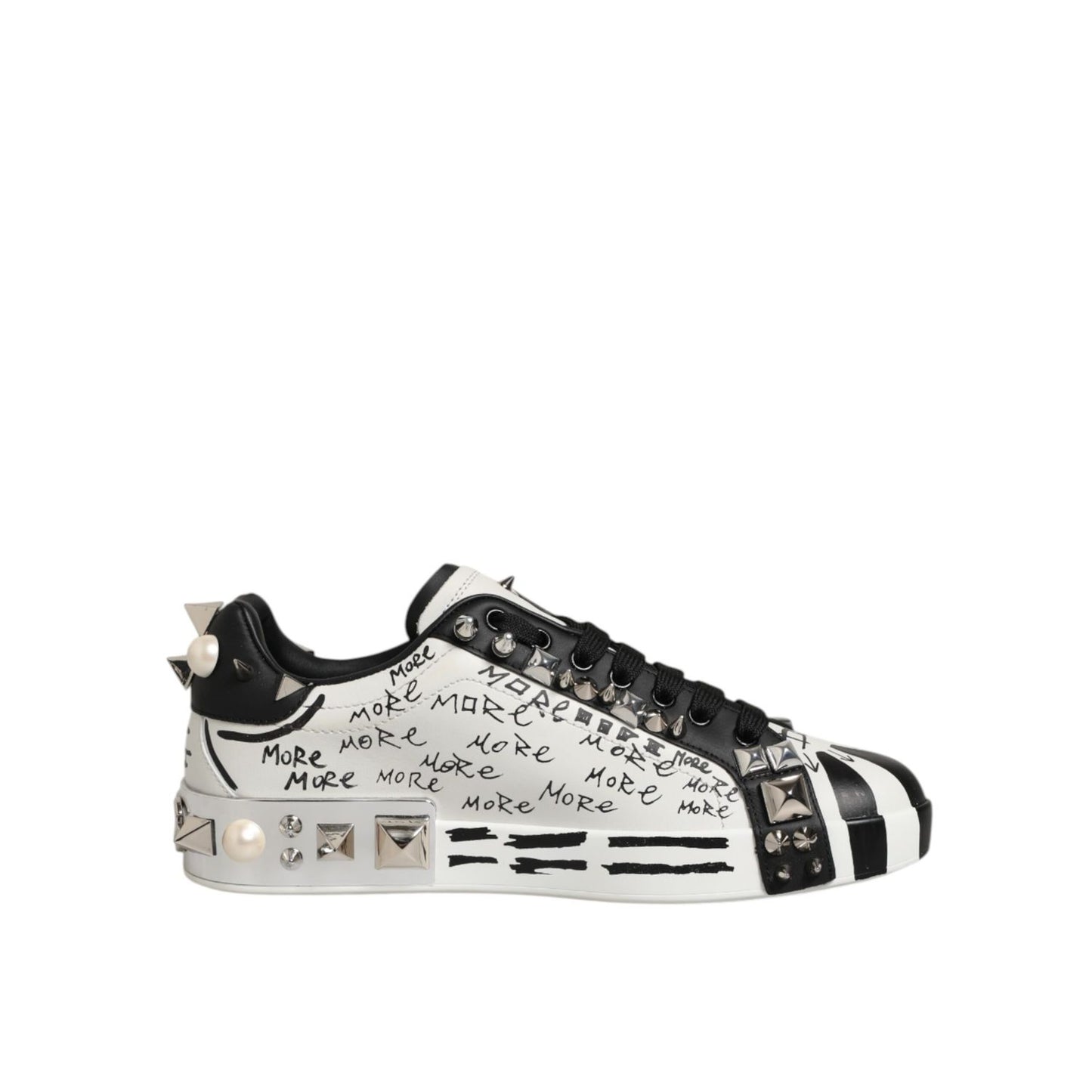 Dolce & Gabbana Black White Studded Low Top Sneakers Shoes with metallic embellishments and graphic details on side view.