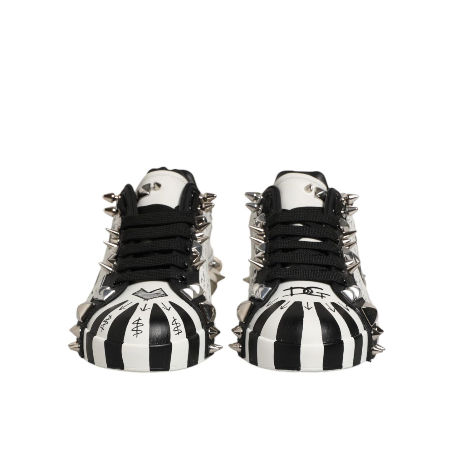 Dolce & Gabbana Black White Studded Low Top Sneakers Shoes with spikes and stripes front view