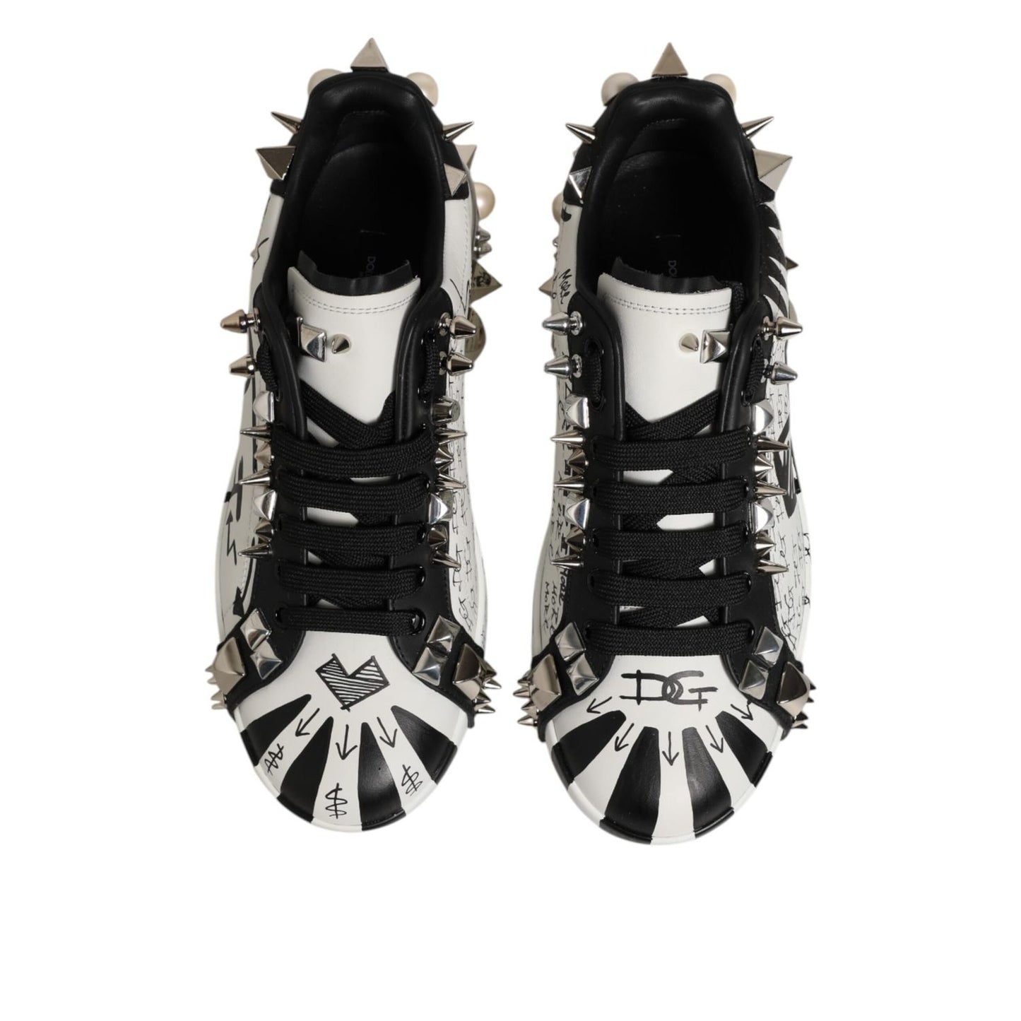 Dolce & Gabbana Black White Studded Low Top Sneakers Shoes with metallic studs, top view of designer footwear.