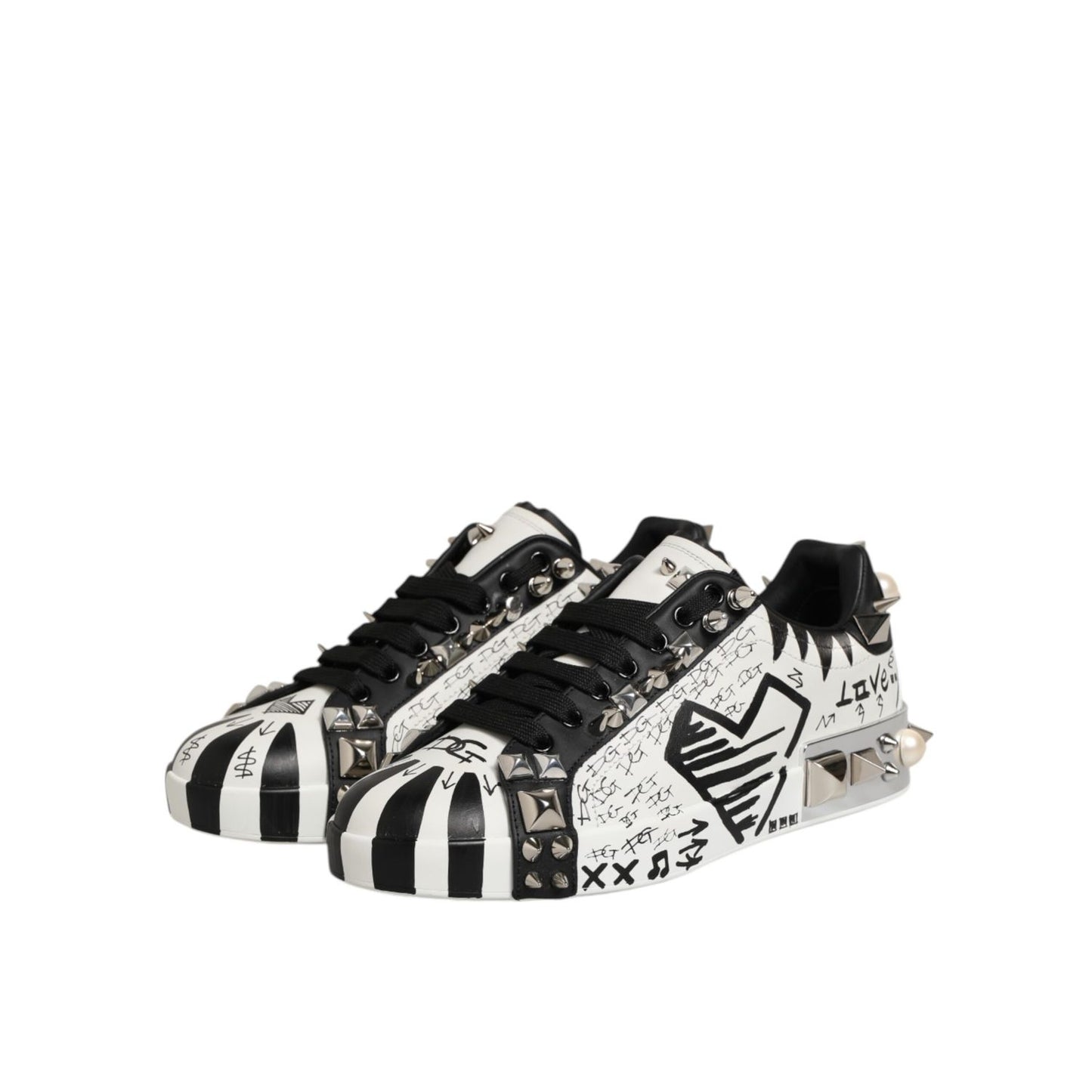 Dolce & Gabbana Black White Studded Low Top Sneakers Shoes with metallic studs and bold design.
